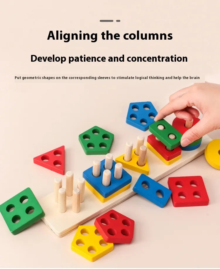 Montessori Geometric Shape Column Matching Wooden Building Blocks Set Gigi's Threaded Treasures