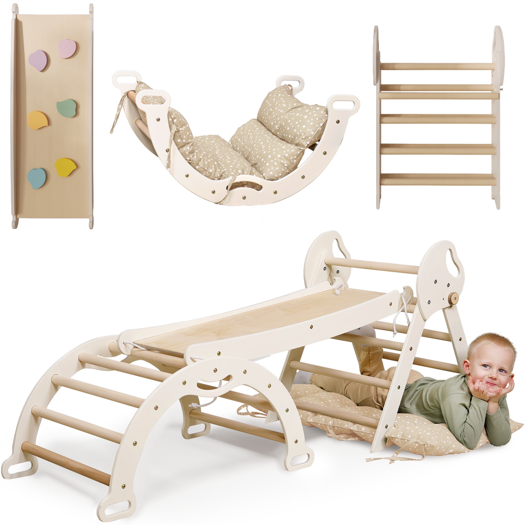 4in1 Montessori Climbing Set: Pikler Triangle, Arch, Slide Board, and Cushion for Toddlers (1–3 Years) Goodevas