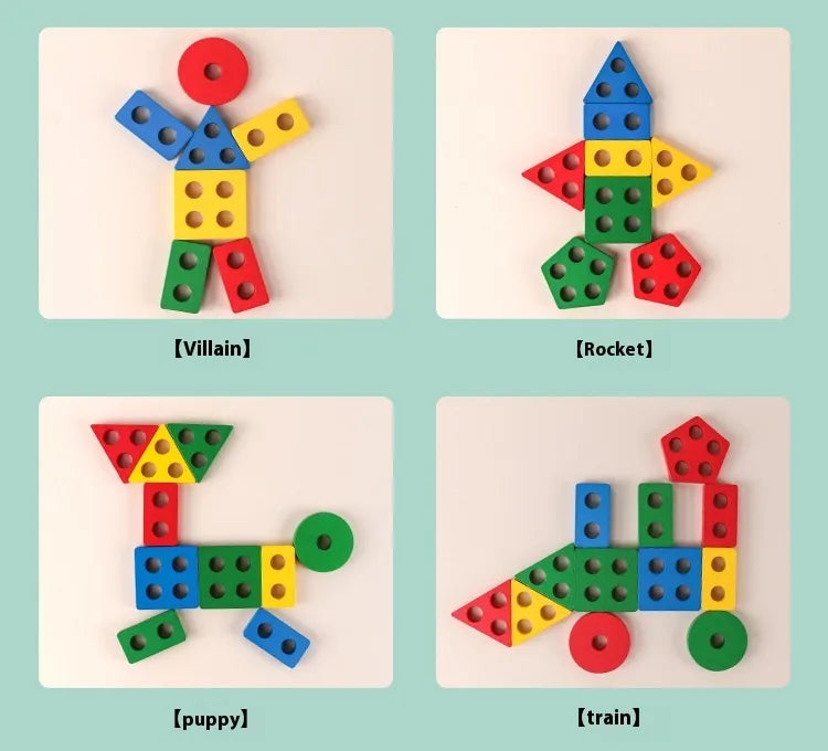 Montessori Geometric Shape Column Matching Wooden Building Blocks Set Gigi's Threaded Treasures