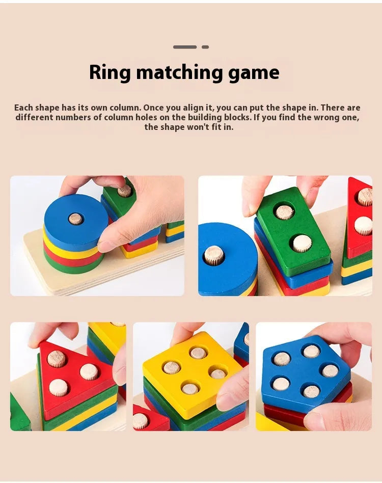 Montessori Geometric Shape Column Matching Wooden Building Blocks Set Gigi's Threaded Treasures