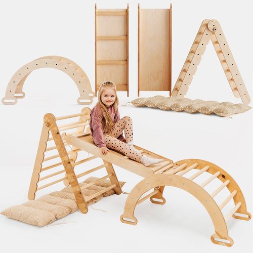 4in1 Montessori Climbing Set: Triangle Ladder + Climbing Arch + Slide Board & Cushion – Beige Goodevas