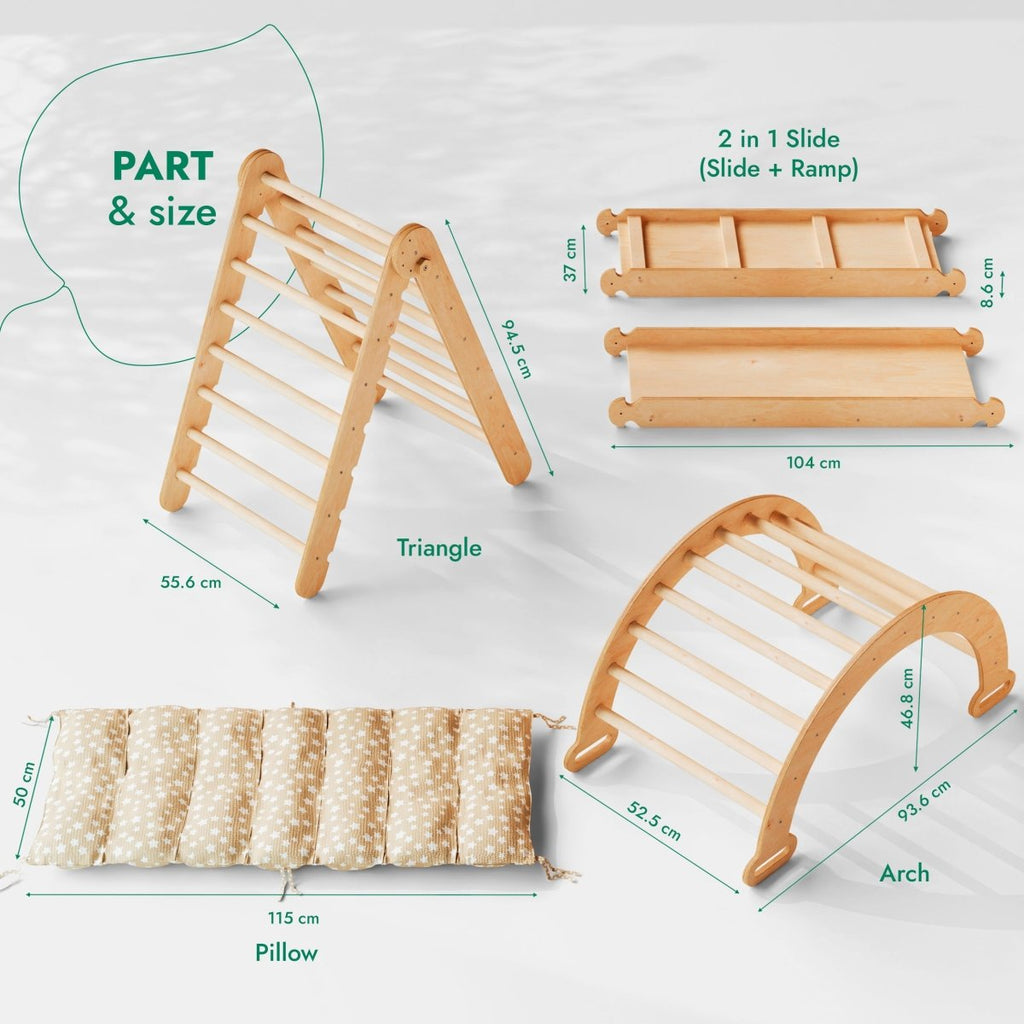 4in1 Montessori Climbing Set: Triangle Ladder + Climbing Arch + Slide Board & Cushion – Beige