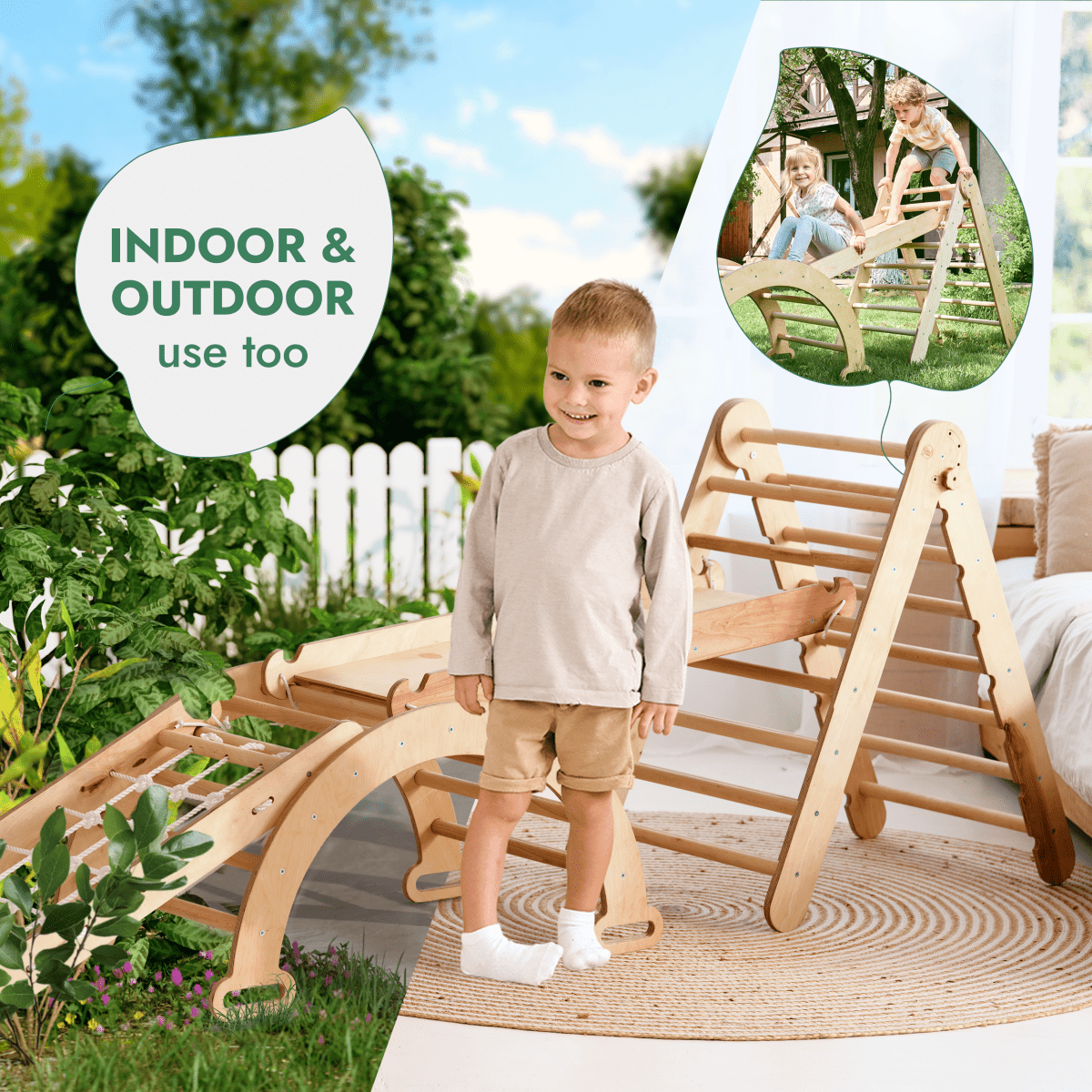 4in1 Montessori Climbing Set: Triangle Ladder + Climbing Arch + Slide Board + Net – Beige Goodevas