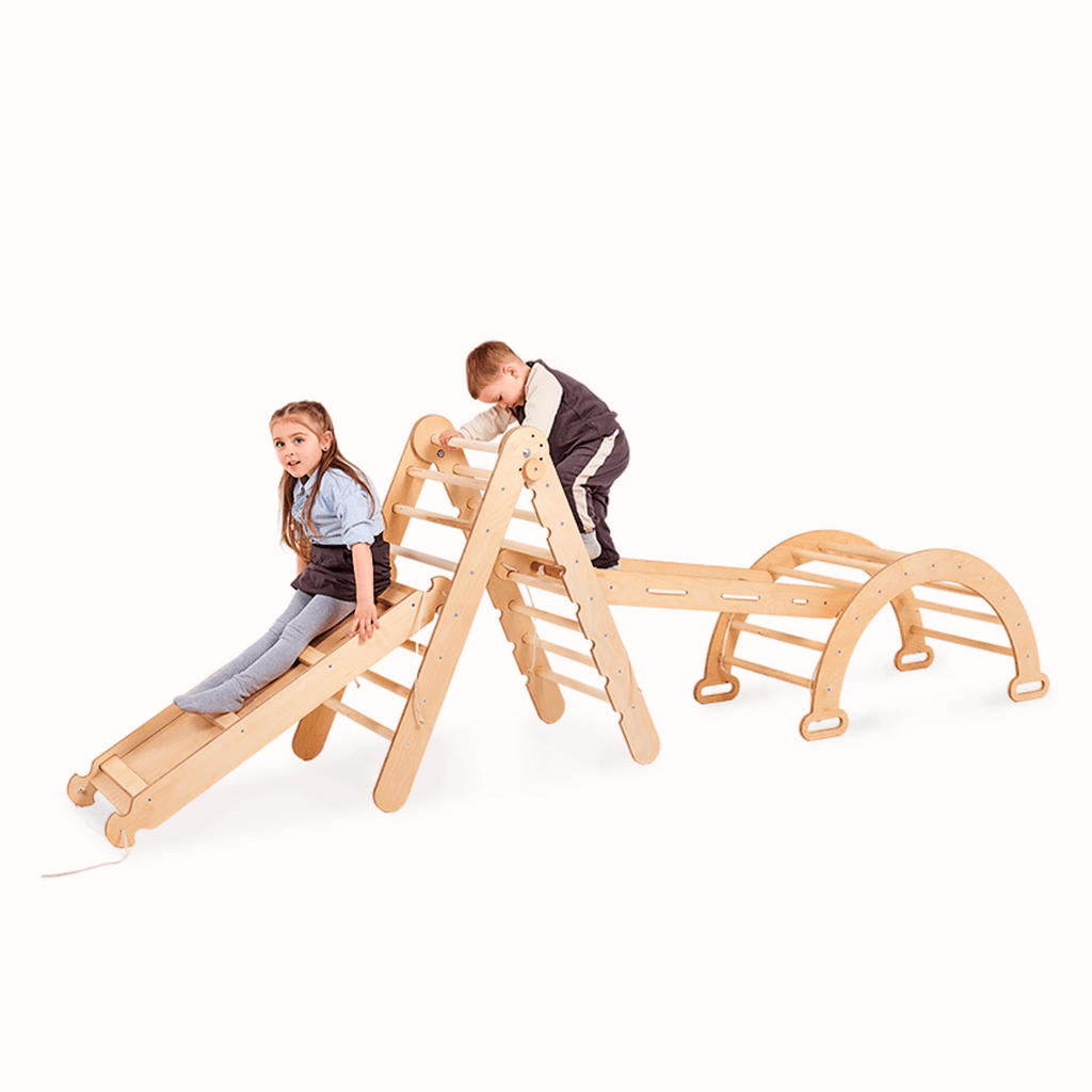 4in1 Montessori Climbing Set: Triangle Ladder + Climbing Arch + Slide Board + Net – Beige Goodevas