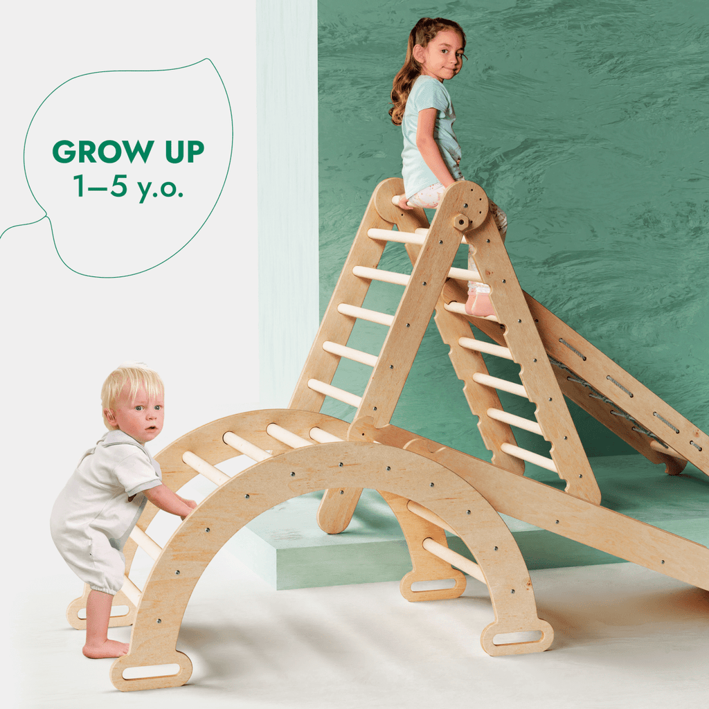 4in1 Montessori Climbing Set: Triangle Ladder + Climbing Arch + Slide Board + Net – Beige Goodevas