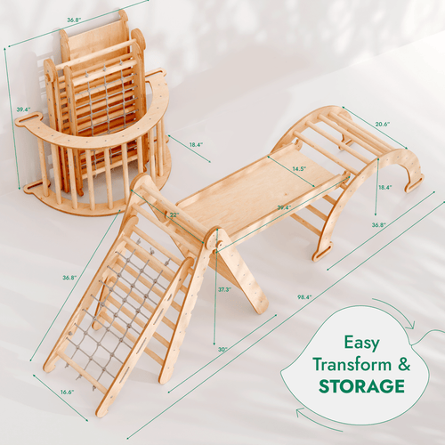 4in1 Montessori Climbing Set: Triangle Ladder + Climbing Arch + Slide Board + Net – Beige Goodevas