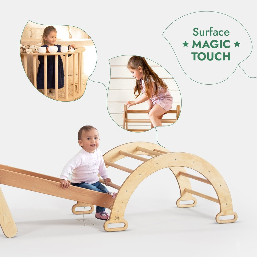 4in1 Montessori Climbing Set: Triangle Ladder + Climbing Arch + Slide Board + Net – Beige Goodevas