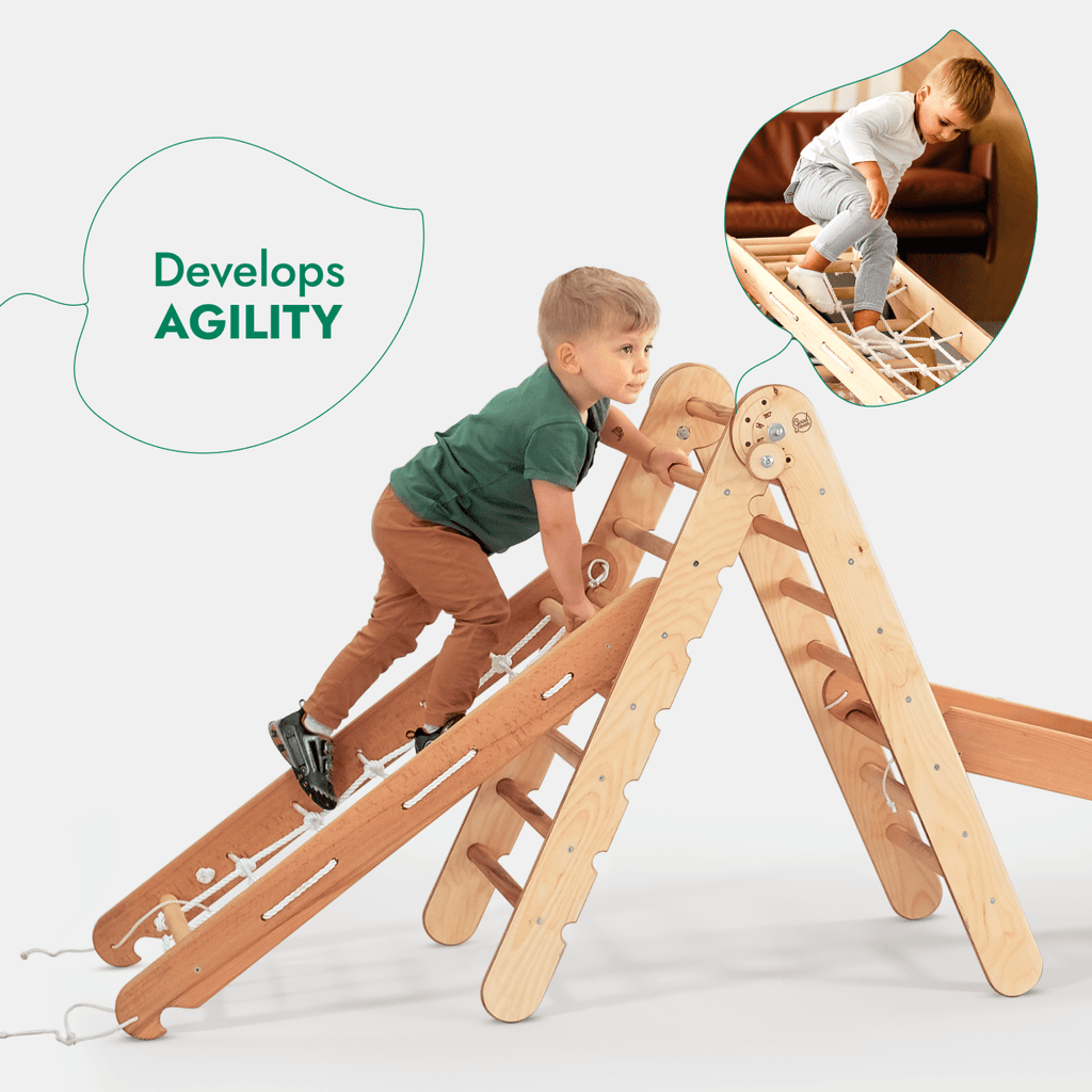 4in1 Montessori Climbing Set: Triangle Ladder + Climbing Arch + Slide Board + Net – Beige Goodevas