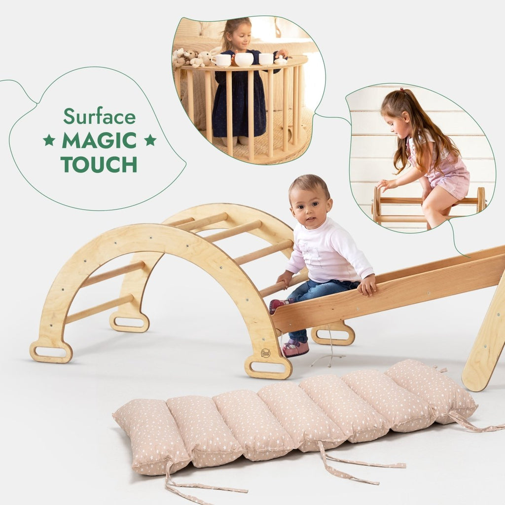 5in1 Montessori Climbing Set: Triangle Ladder + Arch/Rocker + Slide Board/Ramp + Netting rope + Cushion Goodevas