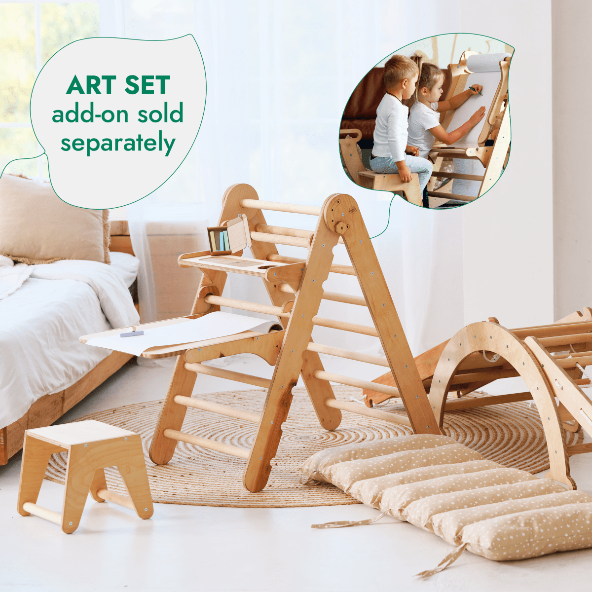 5in1 Montessori Climbing Set: Triangle Ladder + Arch/Rocker + Slide Board/Ramp + Netting rope + Cushion Goodevas