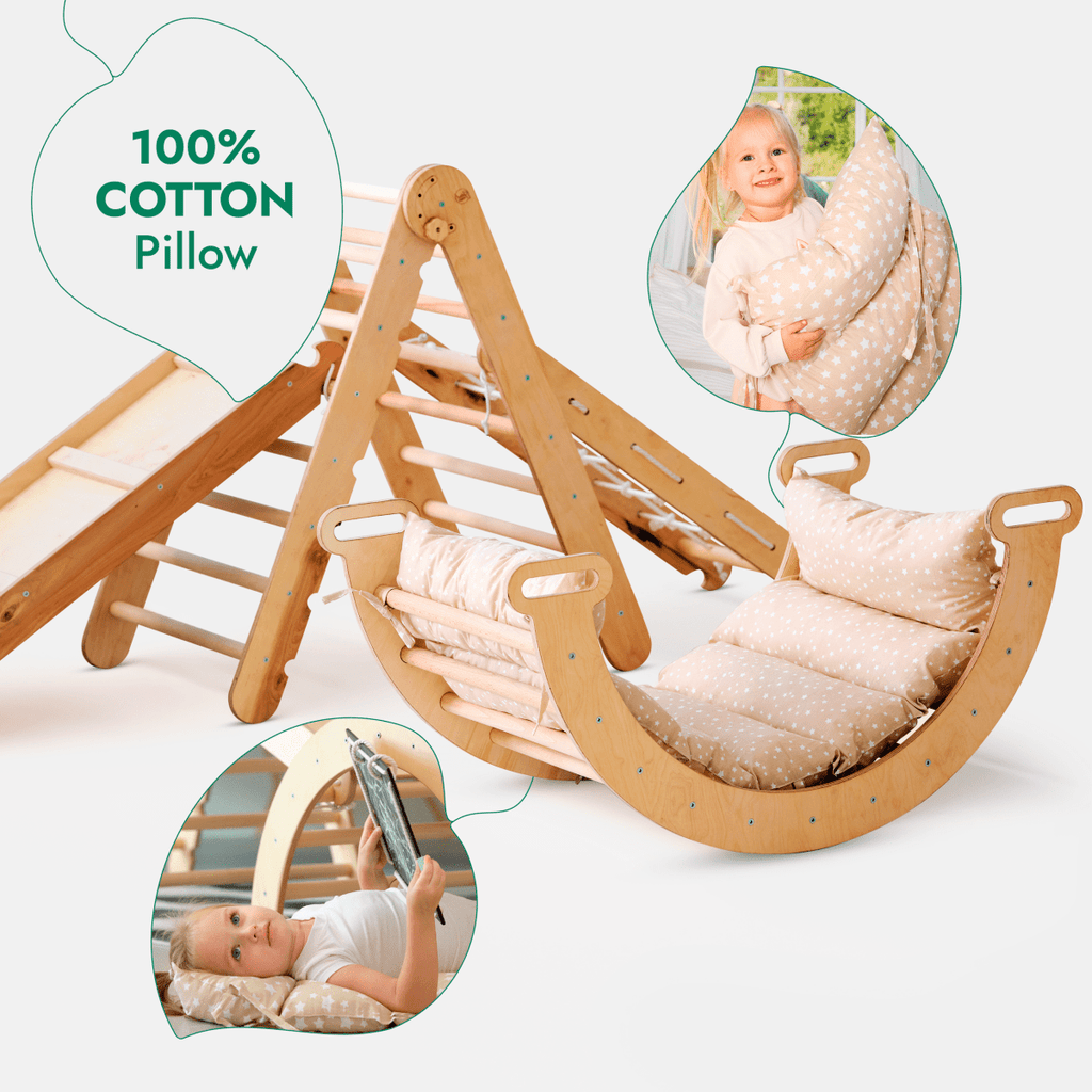 5in1 Montessori Climbing Set: Triangle Ladder + Arch/Rocker + Slide Board/Ramp + Netting rope + Cushion Goodevas