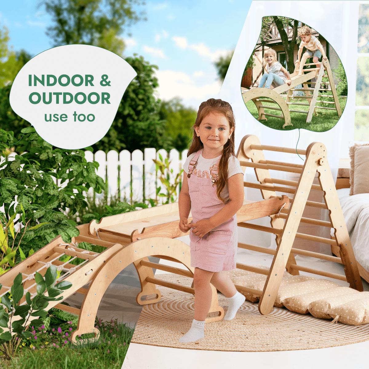 5in1 Montessori Climbing Set: Triangle Ladder + Arch/Rocker + Slide Board/Ramp + Netting rope + Cushion Goodevas