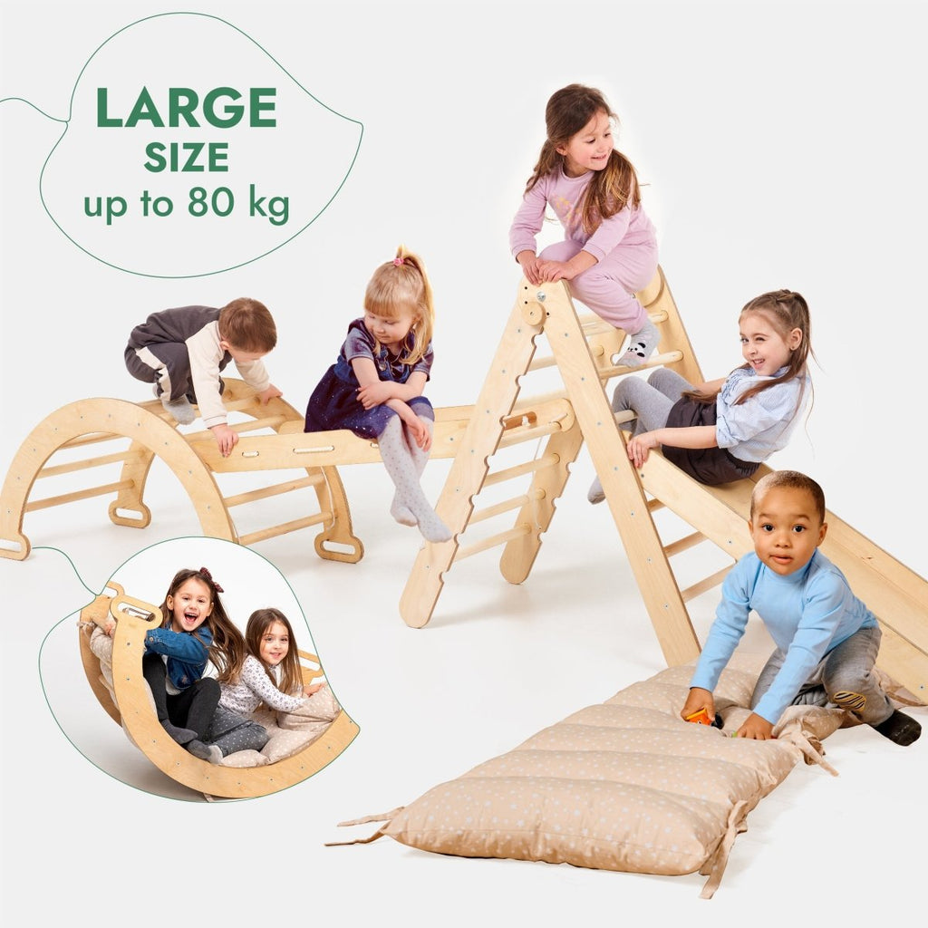 5in1 Montessori Climbing Set: Triangle Ladder + Arch/Rocker + Slide Board/Ramp + Netting rope + Cushion Goodevas