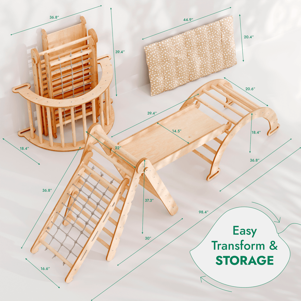 5in1 Montessori Climbing Set: Triangle Ladder + Arch/Rocker + Slide Board/Ramp + Netting rope + Cushion Goodevas