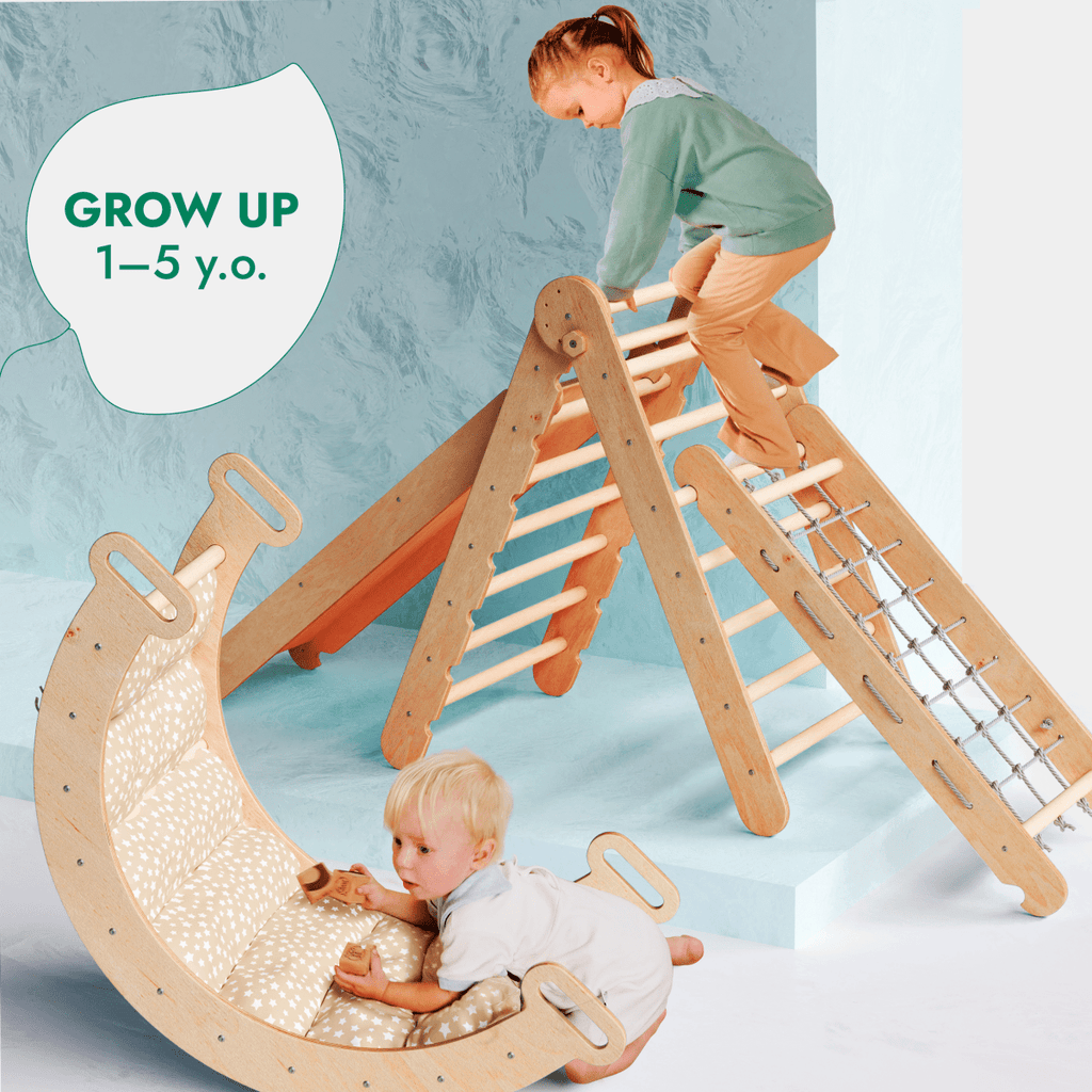 5in1 Montessori Climbing Set: Triangle Ladder + Arch/Rocker + Slide Board/Ramp + Netting rope + Cushion Goodevas