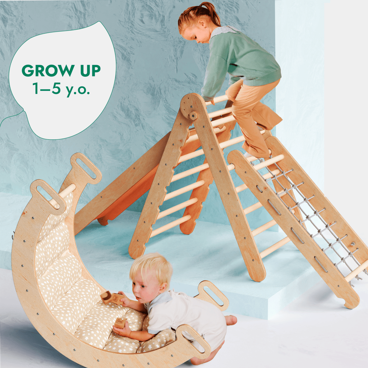5in1 Montessori Climbing Set: Triangle Ladder + Arch/Rocker + Slide Board/Ramp + Netting rope + Cushion Goodevas
