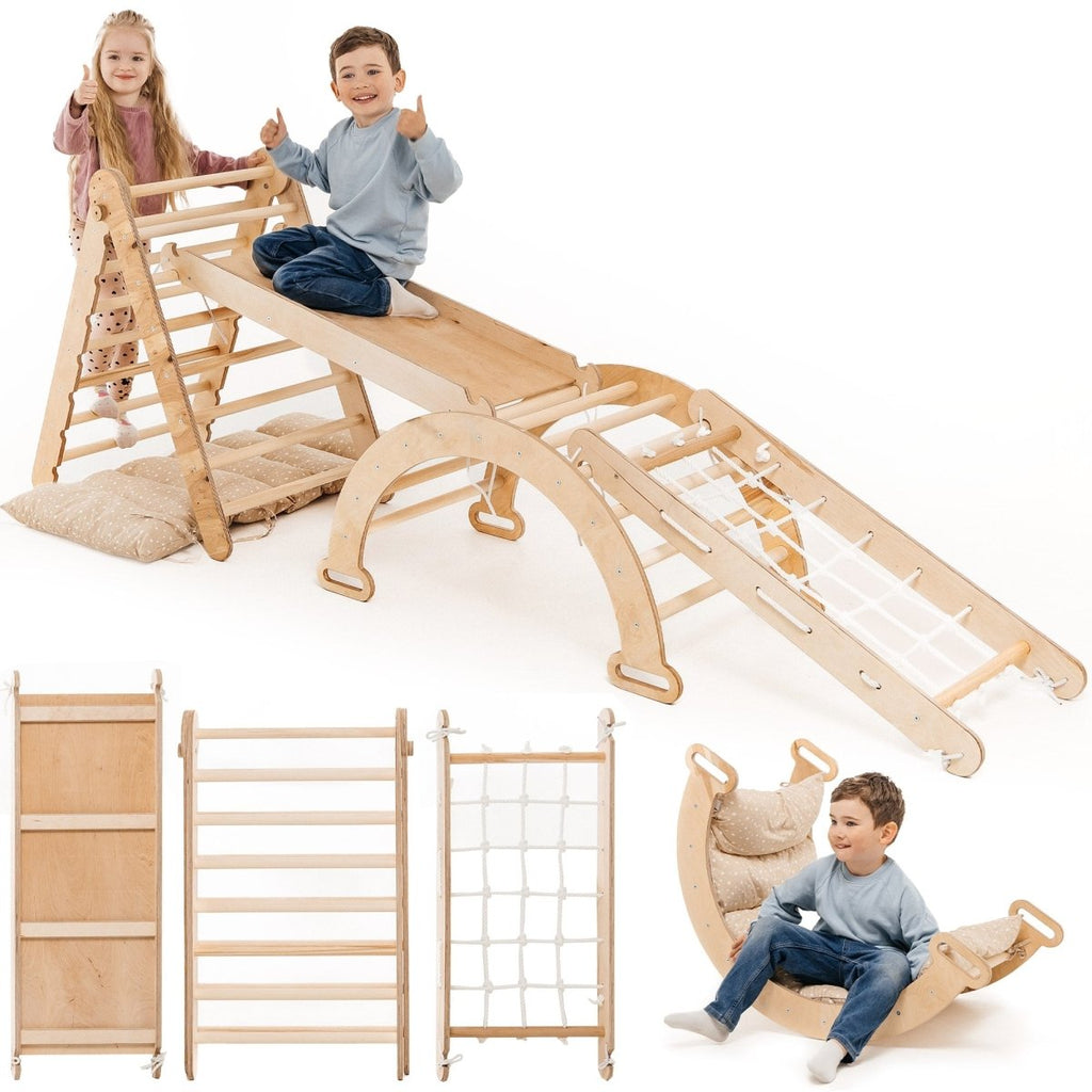 5in1 Montessori Climbing Set: Triangle Ladder + Arch/Rocker + Slide Board/Ramp + Netting rope + Cushion Goodevas