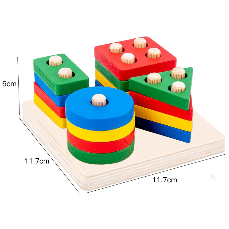 Montessori Geometric Shape Column Matching Wooden Building Blocks Set Gigi's Threaded Treasures