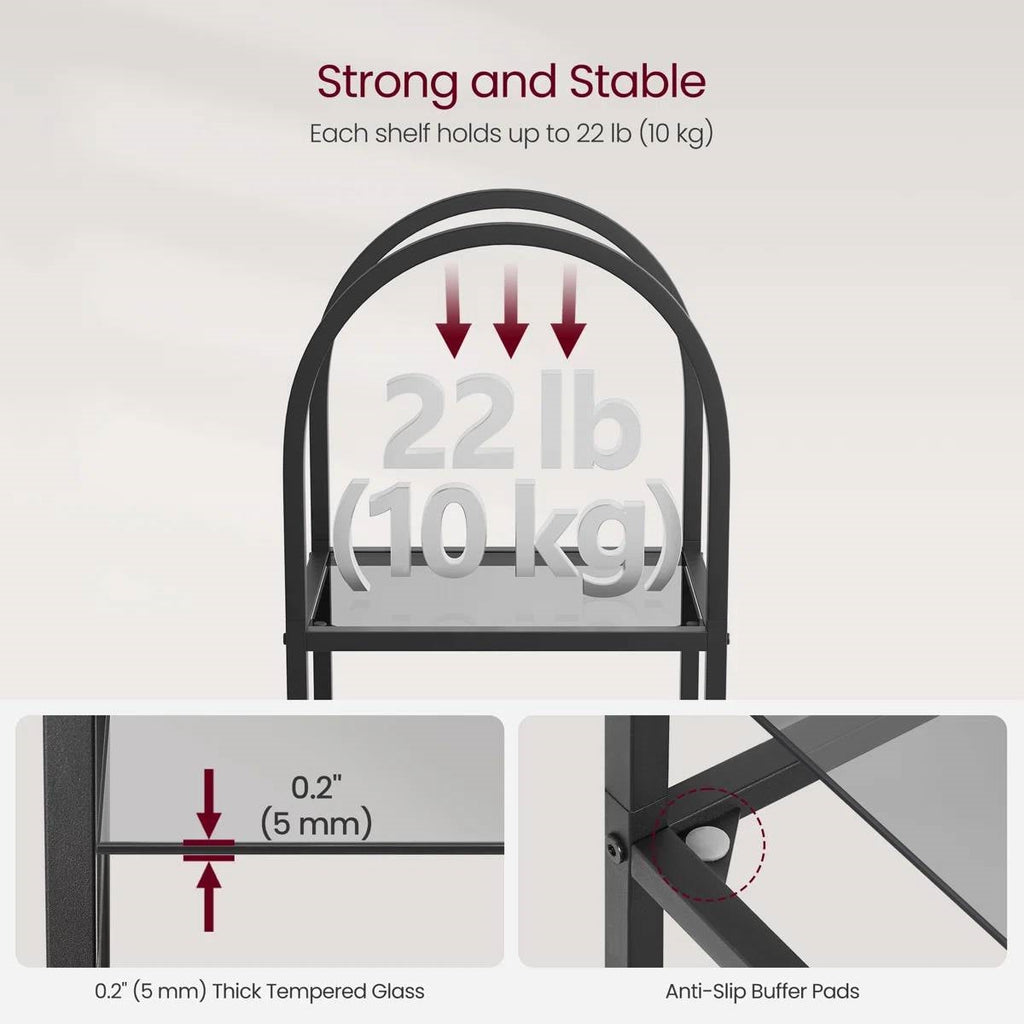Arched Top Black Metal Display Rack Narrow Bookcase with 5 Glass Storage Shelves