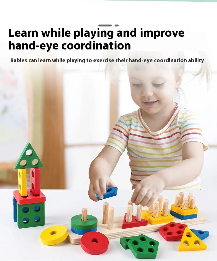 Montessori Geometric Shape Column Matching Wooden Building Blocks Set Gigi's Threaded Treasures