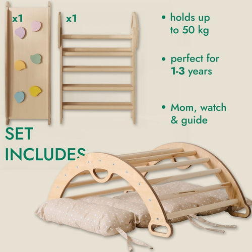 4in1 Montessori Climbing Set: Pikler Triangle, Arch, Slide Board, and Cushion for Toddlers (1–3 Years) Goodevas